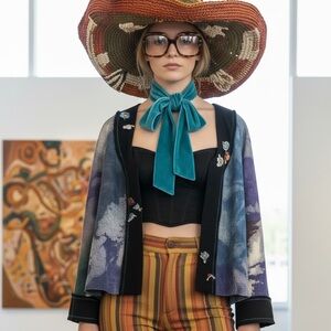 Vintage Indigo Moon Art to Wear Jacket Abstract Fimo Beads 90s Artsy Boho S OOAK